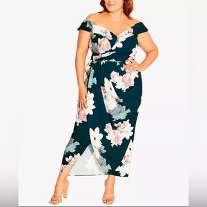 City Chic Emerald Floral Off Shoulder Draped Maxi Dress | EUC | 20/L